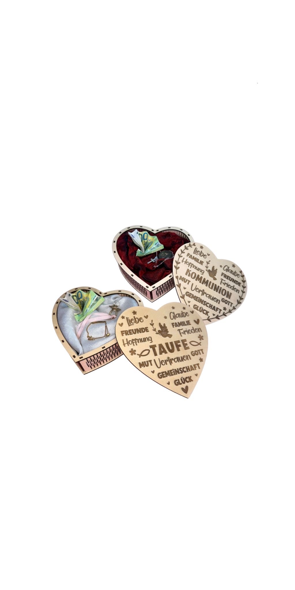 Geschenkbox Box Dose Holz Herz Taufe Kommunion 19,5 cm x 19,5 cm