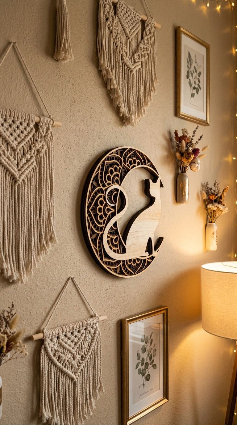 Bild Wandbild Herz Katze Laser Schnitt Holz braun beige Durchmesser 29 cm