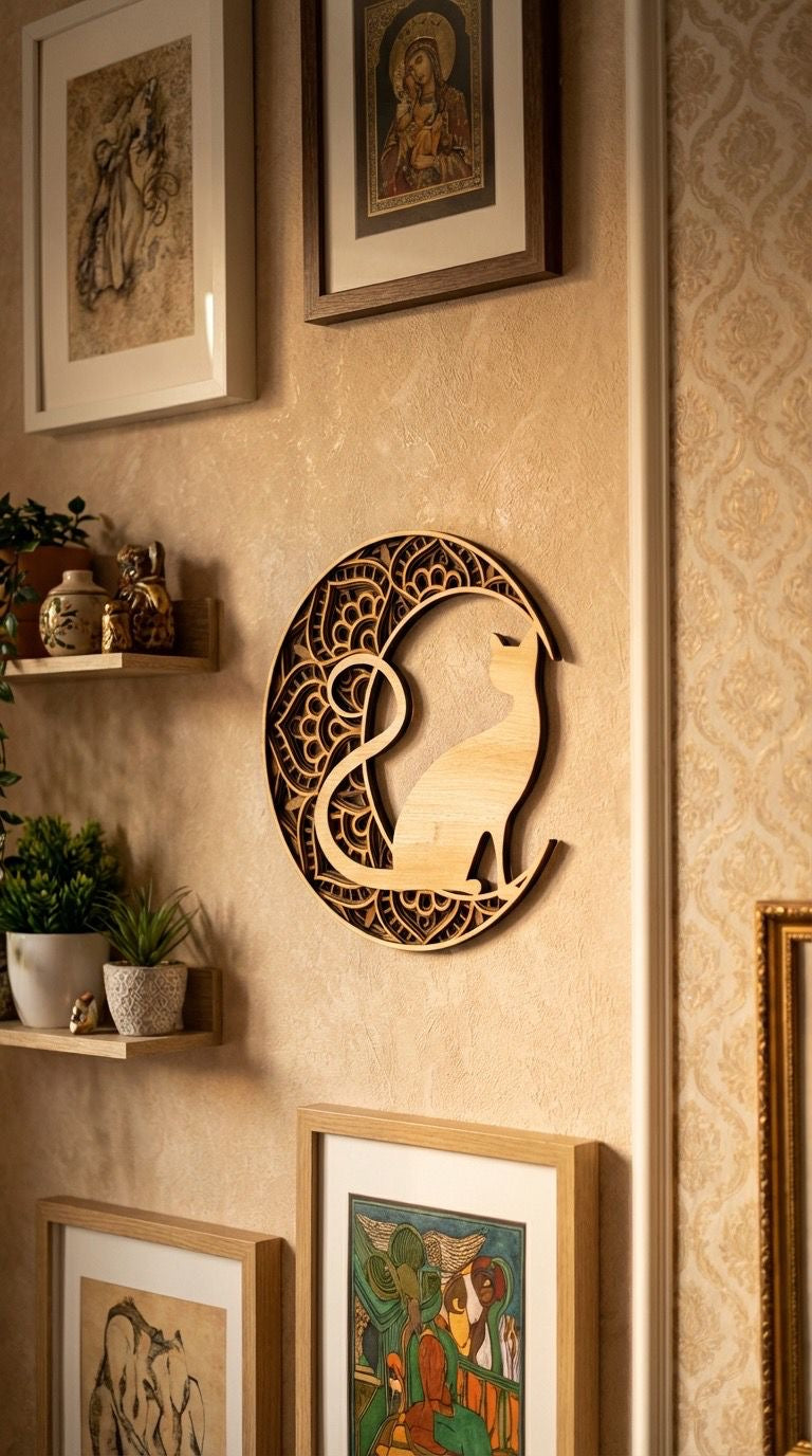 Bild Wandbild Herz Katze Laser Schnitt Holz braun beige Durchmesser 29 cm