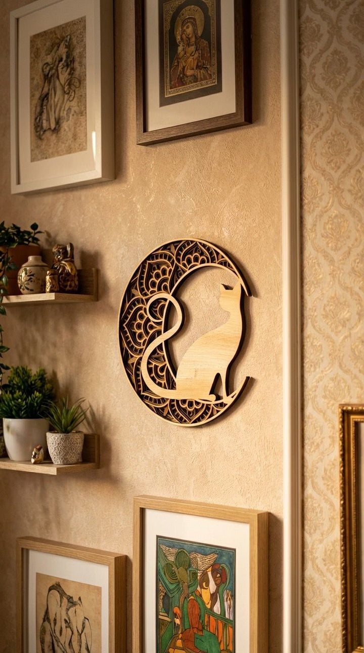 Bild Wandbild Herz Katze Laser Schnitt Holz braun beige Durchmesser 29 cm