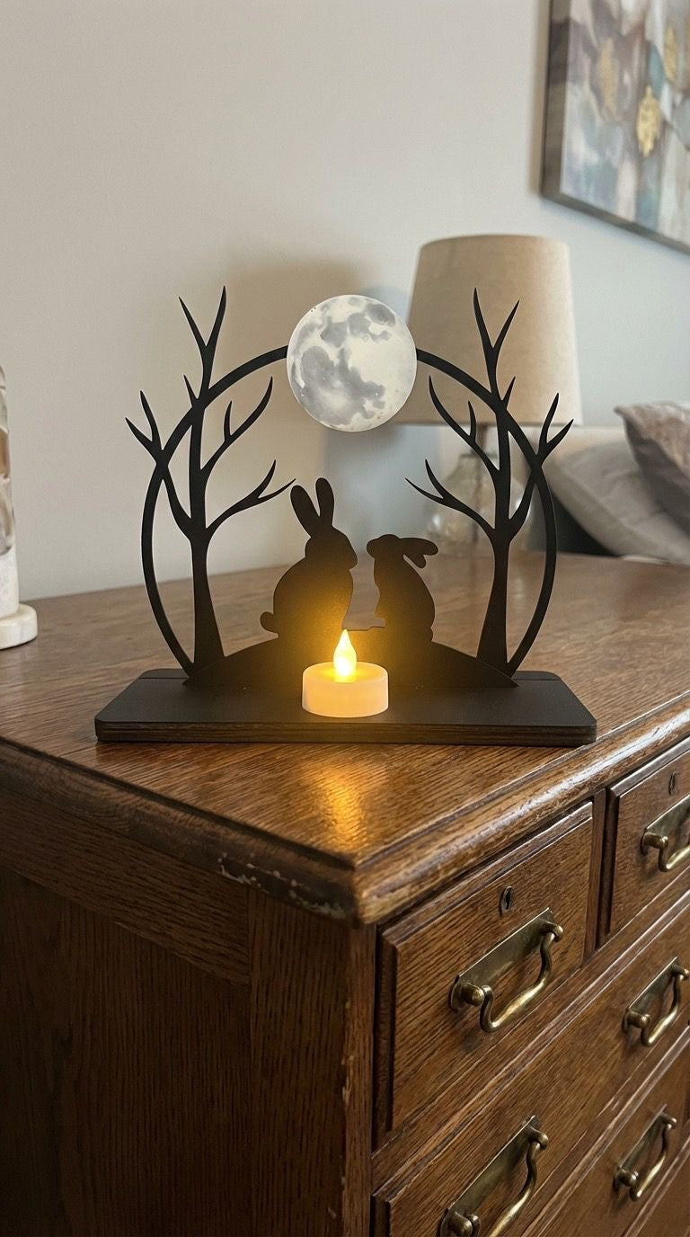 Windlicht Licht Teelicht Kerzen Halter Ständer  Ostern Hase Mond Holz schwarz