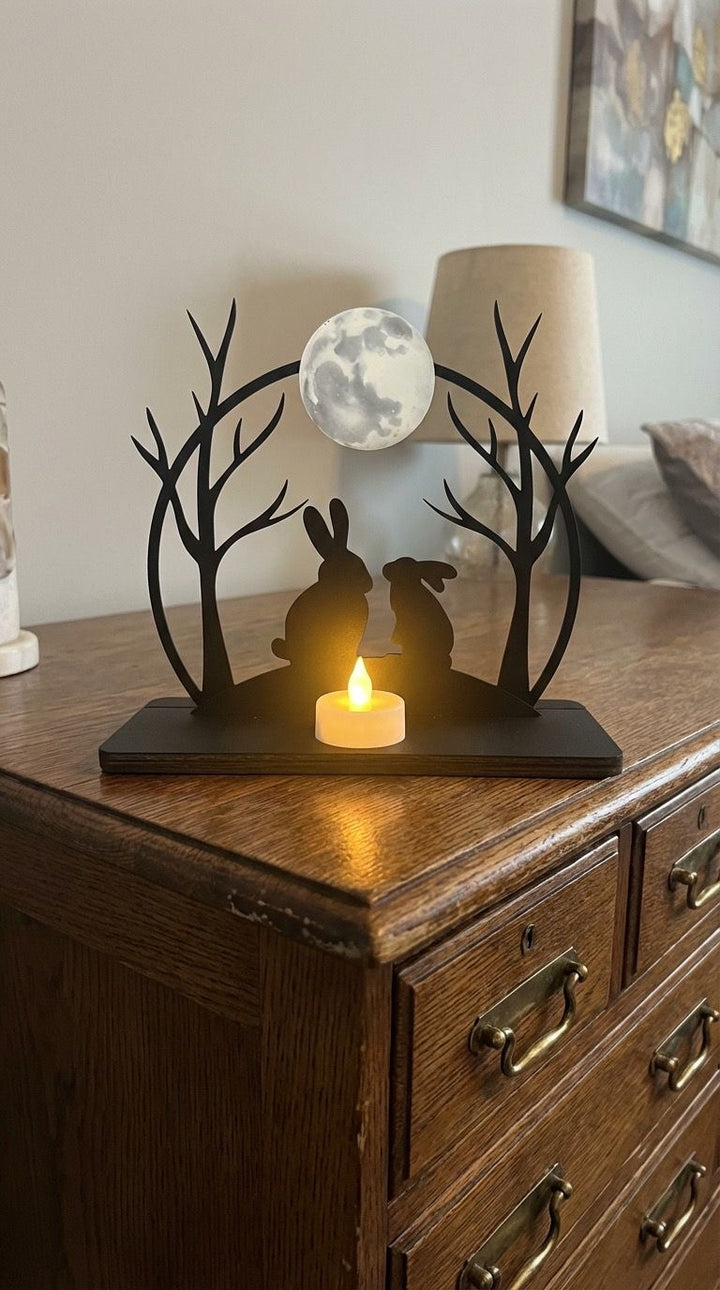 Windlicht Licht Teelicht Kerzen Halter Ständer  Ostern Hase Mond Holz schwarz