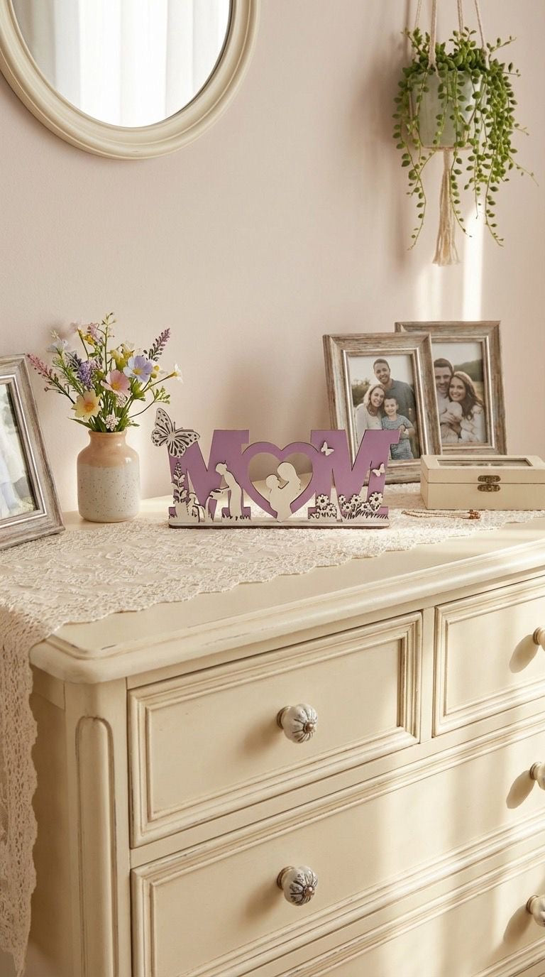 Geschenk Mom Geburtstag Muttertag Holz  26 cm lang, 13 cm hoch weiß/violett