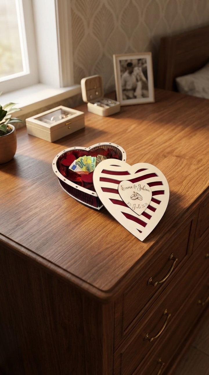 Geschenkbox Box Dose Holz Herz Hochzeit rot/weiß 19,5 cm x 19,5 cm