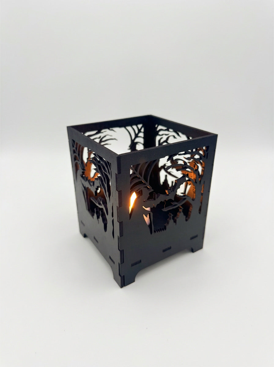 Windlicht Licht Teelicht Kerzen Halter Ständer  Holz schwarz 10x10 cm Halloween Fledermaus