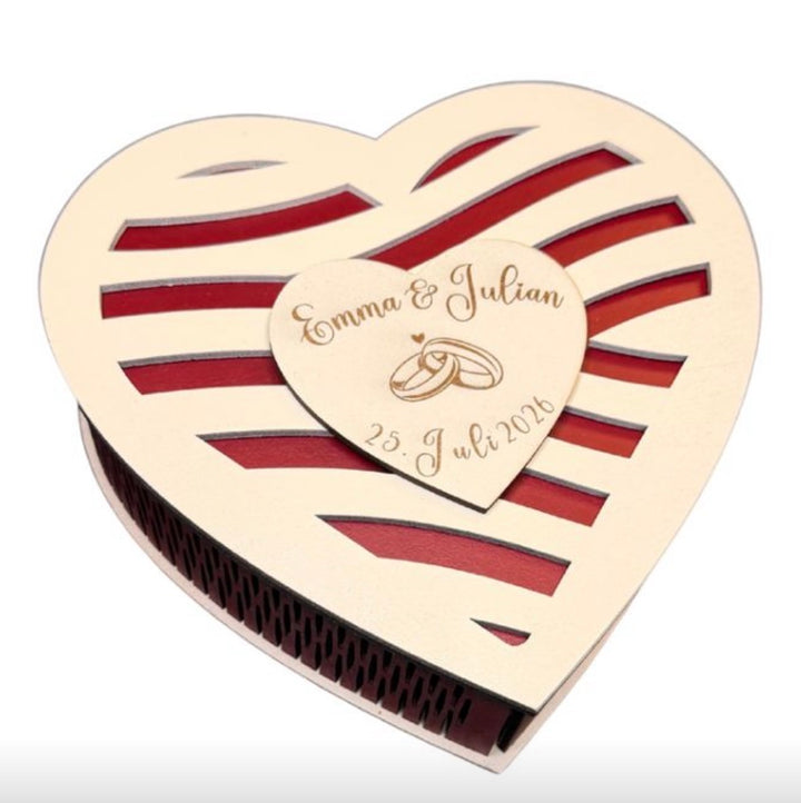Geschenkbox Box Dose Holz Herz Hochzeit rot/weiß 19,5 cm x 19,5 cm