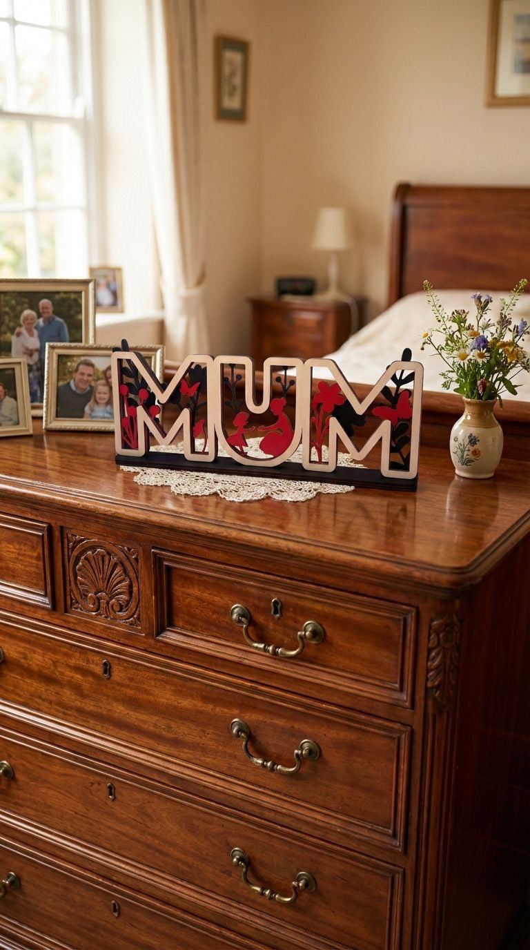 Geschenk Mama Mum Geburtstag Muttertag Holz  28 cm lang weiß/schwarz/rot