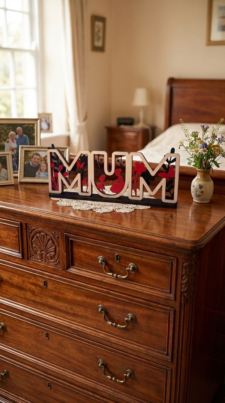 Geschenk Mama Mum Geburtstag Muttertag Holz  28 cm lang weiß/schwarz/rot