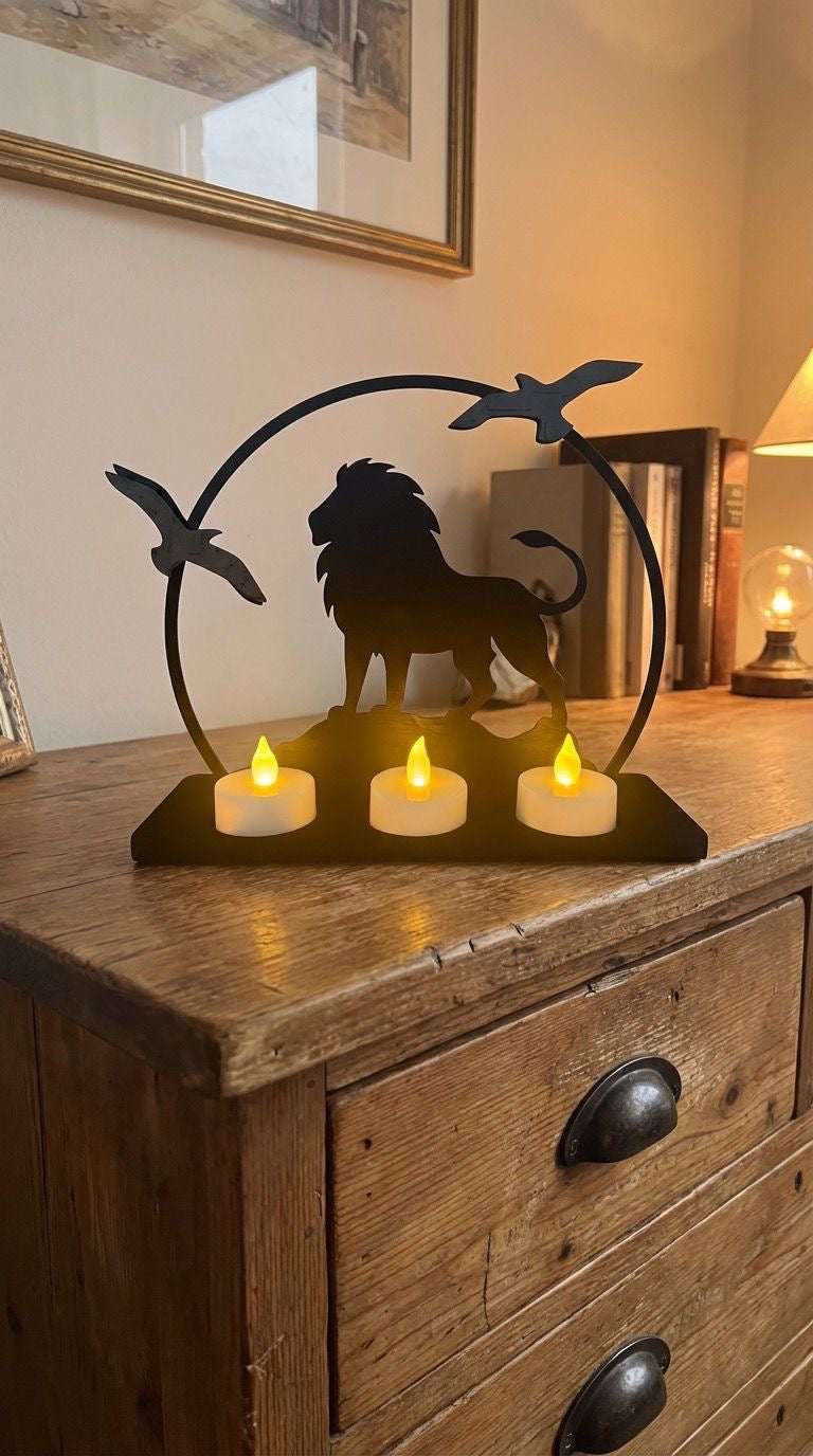 Windlicht Licht Teelicht Kerzen Halter Ständer  Löwe Vögel Holz schwarz