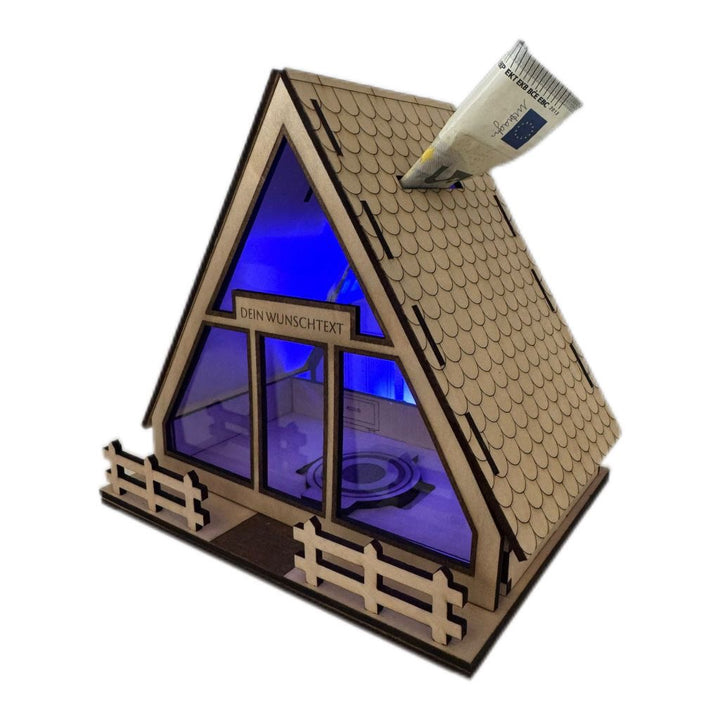 Sparbüchse Dose Büchse sparen Haus Holz beleuchtet LED Personalisiert