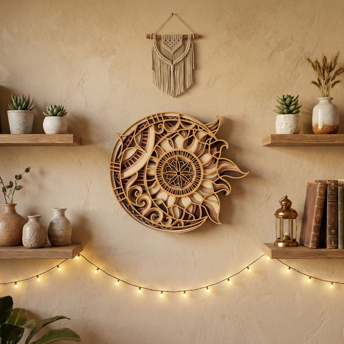 Bild Wandbild Holz Sonne/Mond Laser Schnitt 30 cm Durchmesser