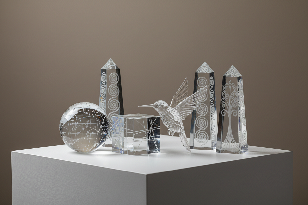 sortiment bestehend aus mit laser gravierten skulpturen und deko